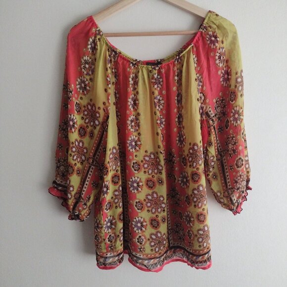 Anthropologie Fei Silk Floral Boho Blouse L Yellow Red Stripe w Floral - Picture 7 of 7